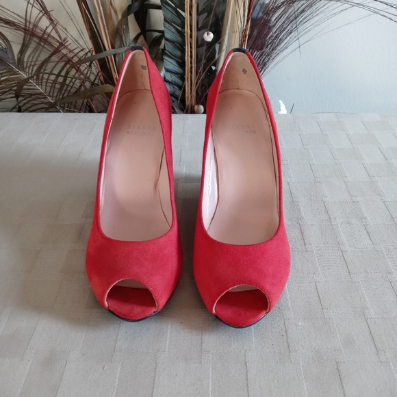 Stuart Weitzman Red Suede Peep Toe Wedge UGA perfect Gameday - Picture 2 of 16